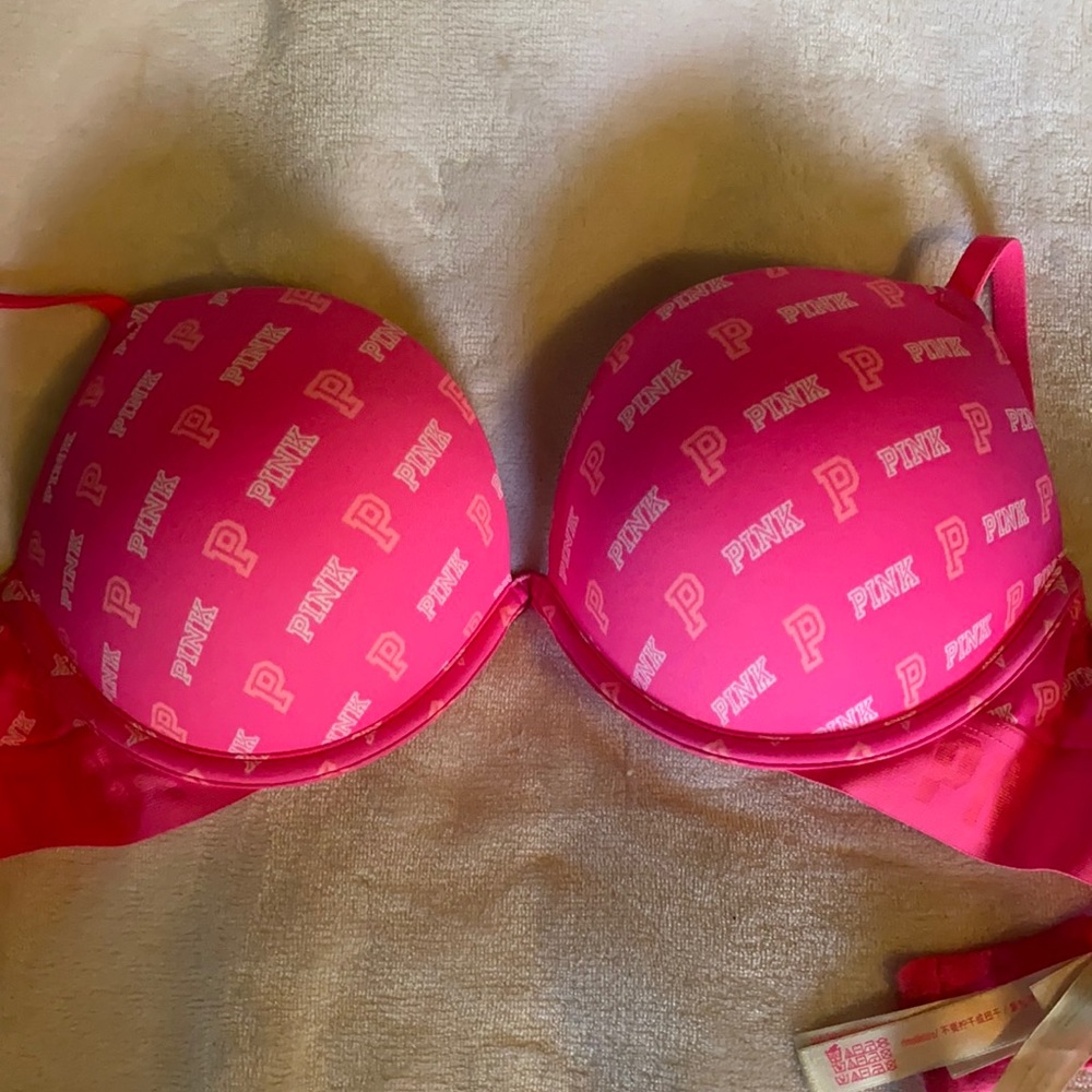 Super push up hot pink ; pink logo bra